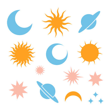 Moon Moon eclipse, stars, Saturn and Sun silhouette icons. Simple sign of day and night. Celestial outline pictogram isolated on transparent background. Vector Icon shape.のイラスト素材