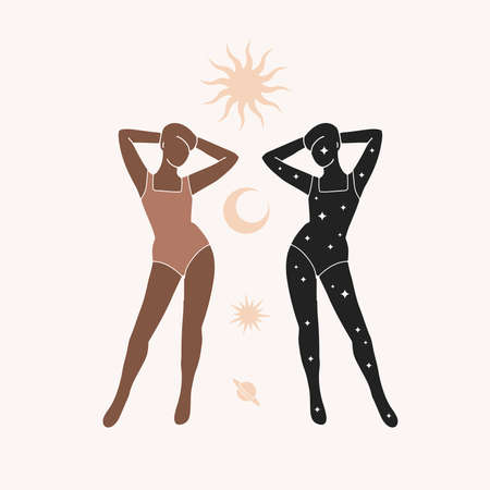 Silhouette of two women with sun and moon. Modern minimalist mystical astrology aesthetic illustration. Beautiful bohemian print of soul reflection. Vector contemporary artistic postersのイラスト素材