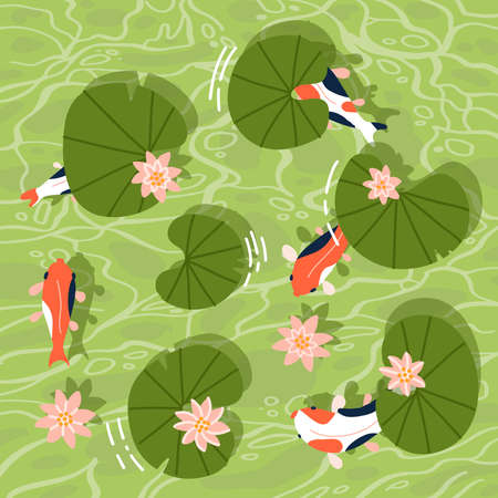 Top view of a Koi fishes or Asian carp swimming in a waterlily pond. Vector flat hand drawn illustrationのイラスト素材