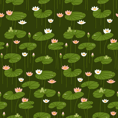 Isometric flat water lily seamless pattern. Pink and white lotuses with frogs. Green flat vector illustration.のイラスト素材