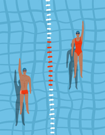Swimmers in the pool top view. Man and woman swim swim on the back in the swimming pool. Sports competition. View from above. Vector flat design illustration.のイラスト素材