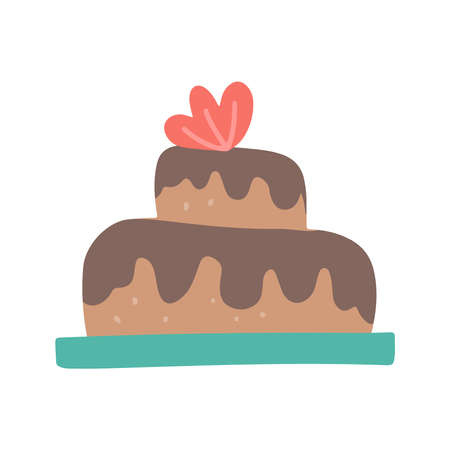 Delicious two tiers cake flat vector illustration. Sweet multi layered dainty with chocolate icing....