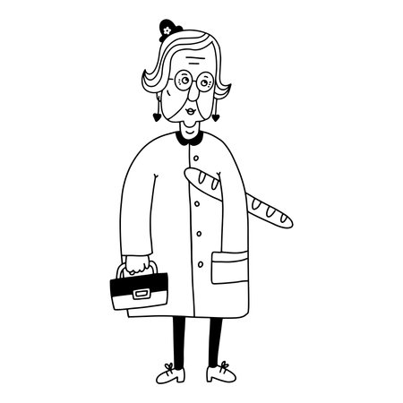 Fashionable modern dressed old lady with small hat, earrings and lipstick holiding baguette bread. Doodle black hand drawn vector illustration.のイラスト素材