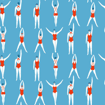Female Swimmers in the pool seamless pattern. Sportive vector people in swimwear and gogles. Healthy lifestyle. Swimming athletes in the water. Flat vector illustratoin.のイラスト素材