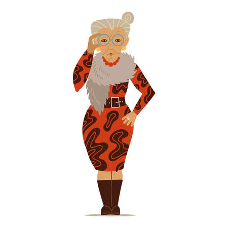 Aduld senior confident Lady. Bright clothing and accessories. Old and mature woman standing in trendy clothes. Modern fashion look. Hand drawn Flat Vector illustration. Bright dress with fur.のイラスト素材