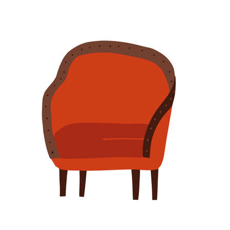 Retro armchair with wooden legs and soft red covering. Isolated vintage furniture for home, old fashioned cozy stool. Chair with handles, antiquity and minimalist look. Vector flat hand drawn illustrationのイラスト素材