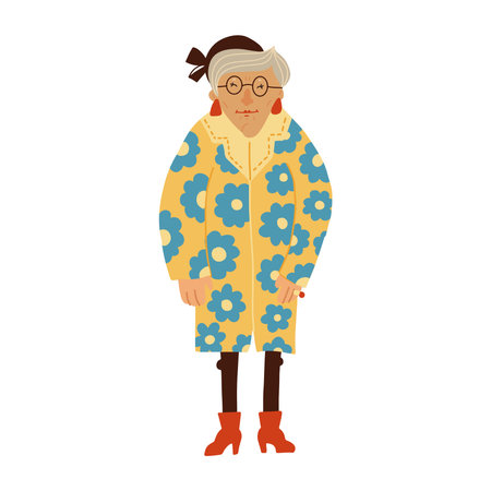 Aduld senior confident Lady wearing Bright clothing and accessories. Old mature woman standing in bright patterned clothes. Modern fashion look concept. Hand drawn Vector cartoon illustration.のイラスト素材