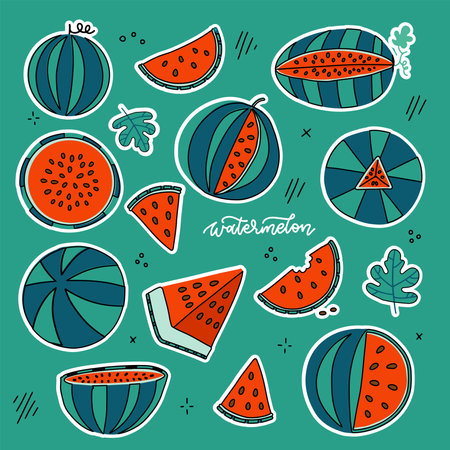 Watermelon doodle hand drawn stickers set in bright color style. Isolated sunny fruit collection - whole and sliced. Vector hand drawn illustration.のイラスト素材