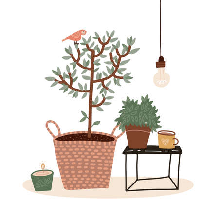 Pastel color composition with small potted tree, hot beverage in mug, candle and houseplant isolated on white. Cozy hygge scene with lamp, cup of coffee, plant. Vector flat cartoon illustrationのイラスト素材