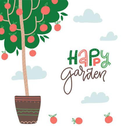 Happy garden - lettering text card. Hand lettered gardening quote with apples on the potted tree. Vector flat hand drawn illustration Isolated on white backgroundのイラスト素材