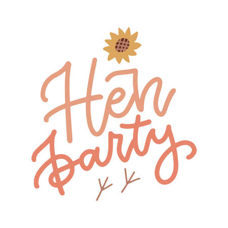 Hen party - hand drawn lettering concept for postcard invitation, Flat vector illustration with birds footprints and sunflower.のイラスト素材