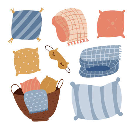 Set of cute cartoon pillows, blankets and plaids. Hygge Interior decoration textile elements. Hand drawing isolated objects on white background. Vector flat hand drawn illustration.のイラスト素材