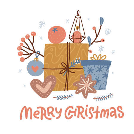 Handdrawn flat christmas greeting card design. Vector background for headers, banners or cards. Composition of winter holidays design elements - gift, candle, gingerbread.のイラスト素材