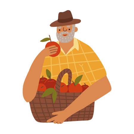 Cartoon character - old man farmer holding red apple with basket isolated on white. Standing and smyling male character in yellow plaid shirt. Flat vector illustration.のイラスト素材