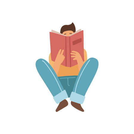 Guy sitting on a floor and reading a book isolated on white background. Front view. Book lover isolated concept. Vector illustration in a flat cartoon style.のイラスト素材