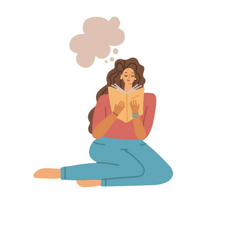Cute woman reading a book sitting on a floor with a cloud above her head. Stay home concept, positive relaxation, reading books isplated print. Flat cartoon Vector illustrationのイラスト素材