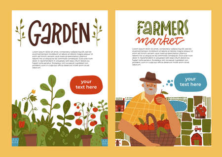 Gardening A4 banner set. Idea of local farming and harvesting. Fruit and vegetable Organic harvest. Leaflet for farmers market. Isolated flat vector illustration with letteringのイラスト素材