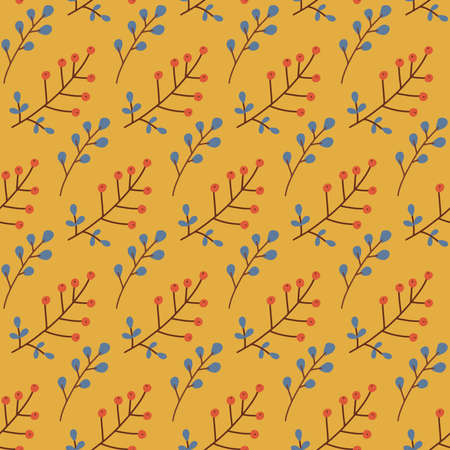 Seamless pattern with leaves and berries. Warm Autumn colors backdrop for textile design, wallpapers and wrapping paper. Simple flat vector illustration.のイラスト素材