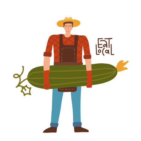 Young Farmer Man Carrying Big Cucumber. Male gardener Character with Natural Organic Vegetable. Eat local concept. Vector flat hand drawn Illustration.のイラスト素材