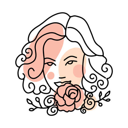 Womans face with rose. Continuous line drawing of female beauty character. Linear vector hand drawn illustration with abstract shapes.のイラスト素材