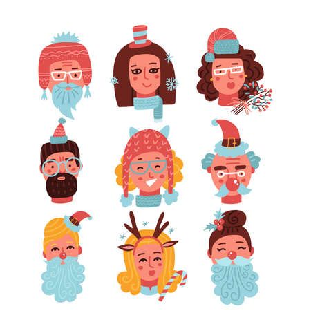Christmas faces set of cute happy young women and men with different Santa hats and beards. Head portrait of smiling girls and guys. Collection of modern emoticons. Flat vector illustration.のイラスト素材