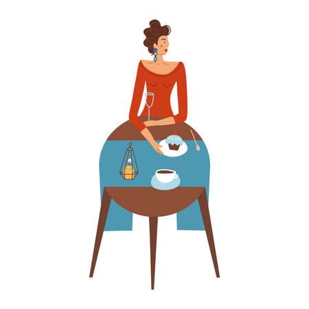 Pretty lady in red is eating in a restaurant alone. Trendy concept of single woman. Female character drinking coffee in cafe. Vector flat hand drawn illustration.のイラスト素材