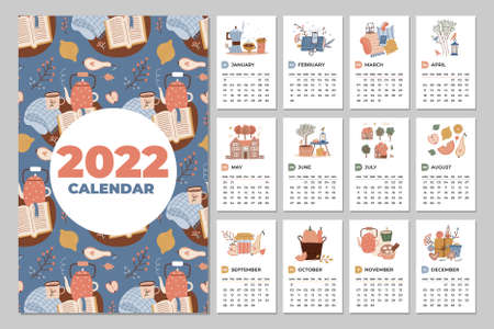 Wall calendar template. 2022 Yearly Planner with all Months. Cozy Organizer and Schedule. Cute home interior elements background. Flat vector illustration in trendy style. 7x11 inchのイラスト素材