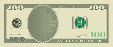 Voucher template banknote 100 dollars with guilloche pattern watermarks and border. Green background...