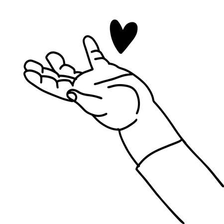Heart on childish hand. Linear contour trend graphic art design isolated on white background. Concept of nonprofit organization symbol. Line hand drawn illustration.のイラスト素材