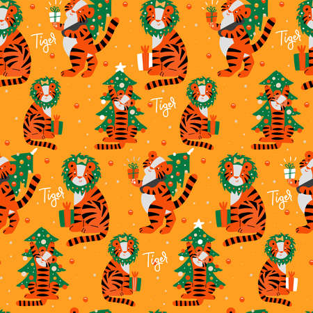 Seamless pattern for year of the tiger 2022. Pattern in hand draw flat style. Tiger with Christmas tree and gifts. Flat vector illustration.のイラスト素材