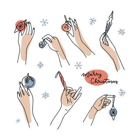 Big set of female hands holding Christmas balls and baubles. Hand drawn vector illustration in line art style isolated on a white background with abstract shapes.のイラスト素材
