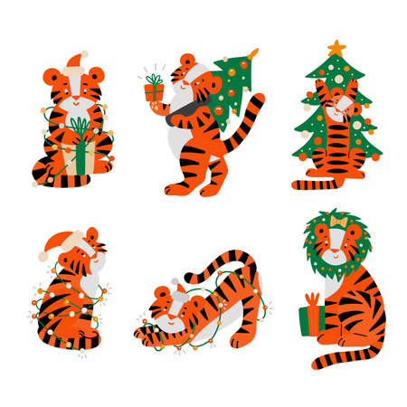 Christmas Tiger animal character mascot of 2022 new year. Tigers in Santa hat, gives gift box Christmas tree set. Comic stripe cat for calendar clipart symbol. Happy New year flat vector illustration.のイラスト素材