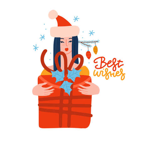 Girl in Santa hat holding Christmas big present box . Flat style vector illustration if pretty young woman. Lettering quote - Best wishes.のイラスト素材