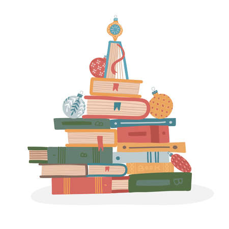Pine tree made of pile of books for Christmas books festivals or sales of bookstores. Creative design in shape of decorated fir tree with Retro baubles and balls. Flat vector illustration.のイラスト素材