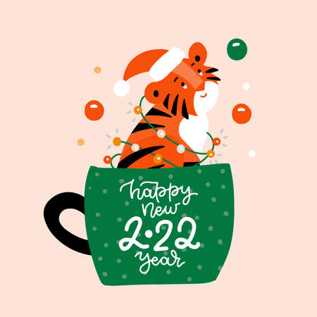 Cute tiger cub is sitting in a cup of coffee. Wild kitty character. Modern poster for prints, kid greeting card, poster, t-shirts. Vector flat illustration with lettering Happy new 2022 year.のイラスト素材