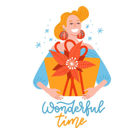 Happy smiling woman with big gift box decorated with bow and poinsettia . Concept for Christmas and New year party. Design for greeting card, poster, postcard, print. Vector flat isolated illustrationのイラスト素材