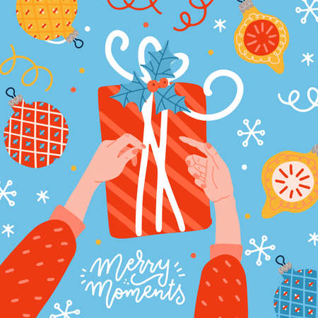 Two female Hands holding and opening a gift box. Tow view in present with xmas tree balls and baubles. Flat Vector illustration. Greeting card, banner, poster for Merry Christmas with lettering text.のイラスト素材
