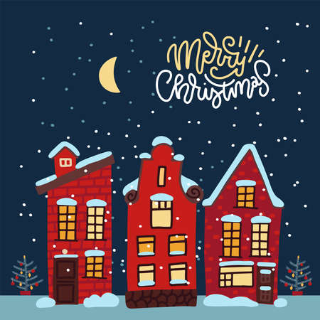 Cozy xmas card with a decorated snowy old town at Christmas eve. Winter night sityscape with moon and small houses. Flat vector illustration with lettering quote.のイラスト素材