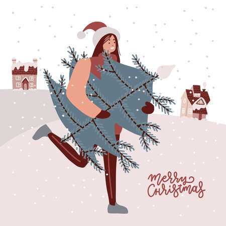 Merry Christmas, Happy winter Holidays greeting card. Smiling happy girl holding a Christmas tree to decorate at home. Fairy Holly snowing day. Congratulative banner. Flat Vector flat Illustrationのイラスト素材