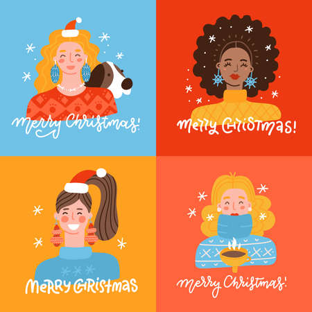 Christmas and New Years Template Set for Greeting Carsd, Scrapbooking,Invitations, Tags, Stickers, Postcards. Christmas female Posters set. Festive women with holiday decor. Vector flat illustration.のイラスト素材