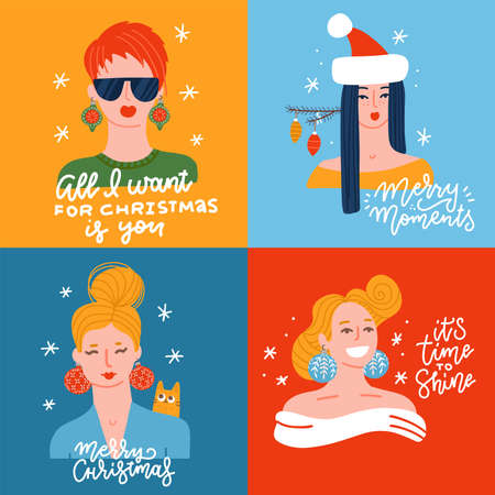 Set of young women dressed up for christmas. Festive Merry Christmas and a Happy New Year card girls collection isolated on white. Vector flat illustration with cute lettering quotesのイラスト素材