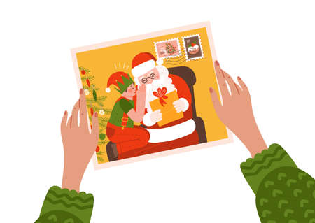Two Hands holding a Christmas card with cute holiday image. A Concept of letter postcard mailing, A greeting card for friends .Vector flat hand drawn illustration isolated on white.のイラスト素材