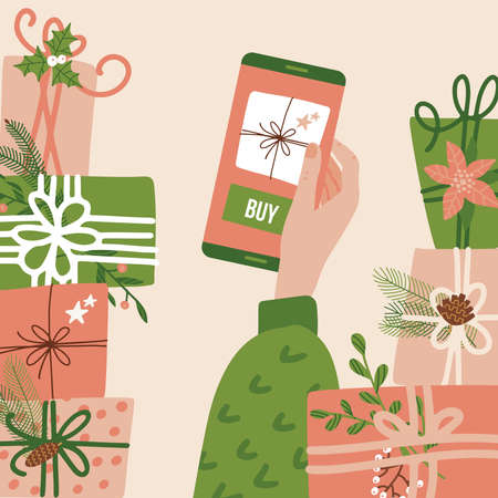 Online store app for Christmas and New Year time. Womans hand holding phone with the buy button on the screen. Flat vector illustration with gift boxes stacks.のイラスト素材