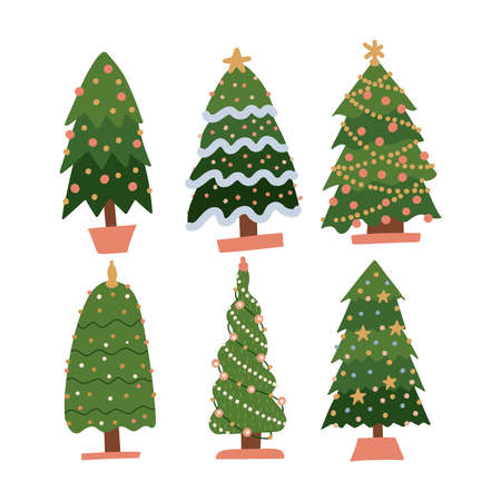 Set of cartoon Christmas trees, pines for greeting card, invitation, banner. New Years and xmas traditional symbol tree with garlands, light bulb, star. Winter holiday collection. Flat vector imagesのイラスト素材