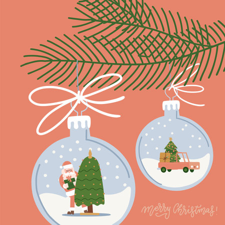 Christmas tree decorations - hanging balls with snow landscape inside. Fir branch with baubles holding Santa and xmas tree. Flat vector greeting card.のイラスト素材