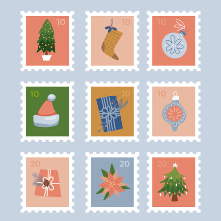Set of stamps with Christmas holiday elements. Flat vector illustrationsのイラスト素材