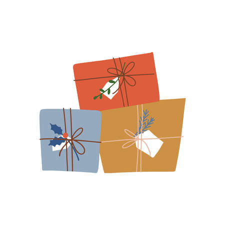 Cartoon small stack of holiday gift boxes. Isolated concept for Christmas banner for the holiday. Craft design. Vector flat hand drawn illustration isolated on white background.のイラスト素材