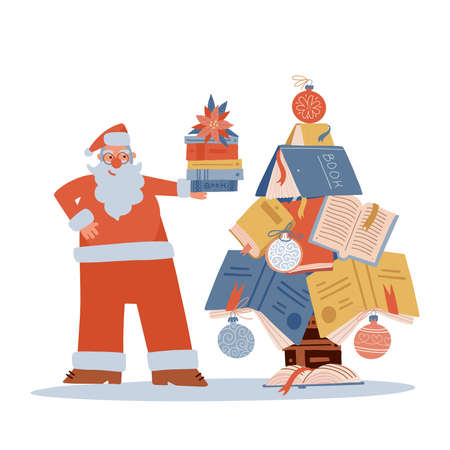 Cute Santa Claus holding stack of books near Xmas tree made of books. Christmas, New Year greeting flat vector illustration for educational projects.のイラスト素材