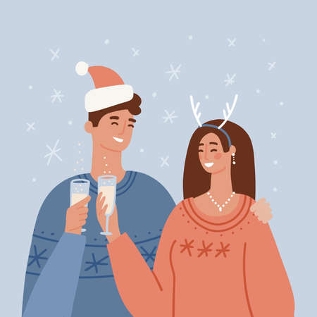 Young couple clinking glass. Christmas toast concept. Covely couple celebrating winter holidays. Happy new year banner. Merry christmas concept. Flat vector illustration.のイラスト素材