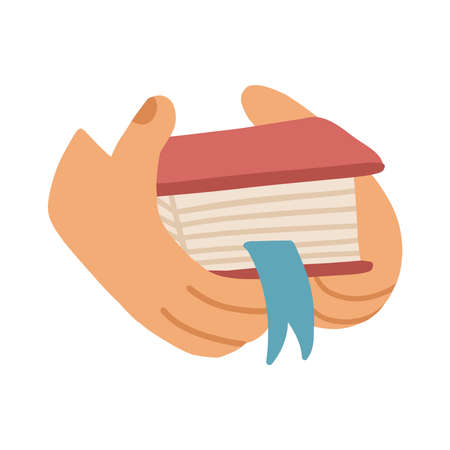 Two hands holding a small book. Reading books concept. Open magazine. Learning literature icon. Vector flat illustration Isolated on white background. Knowledge science symbolのイラスト素材